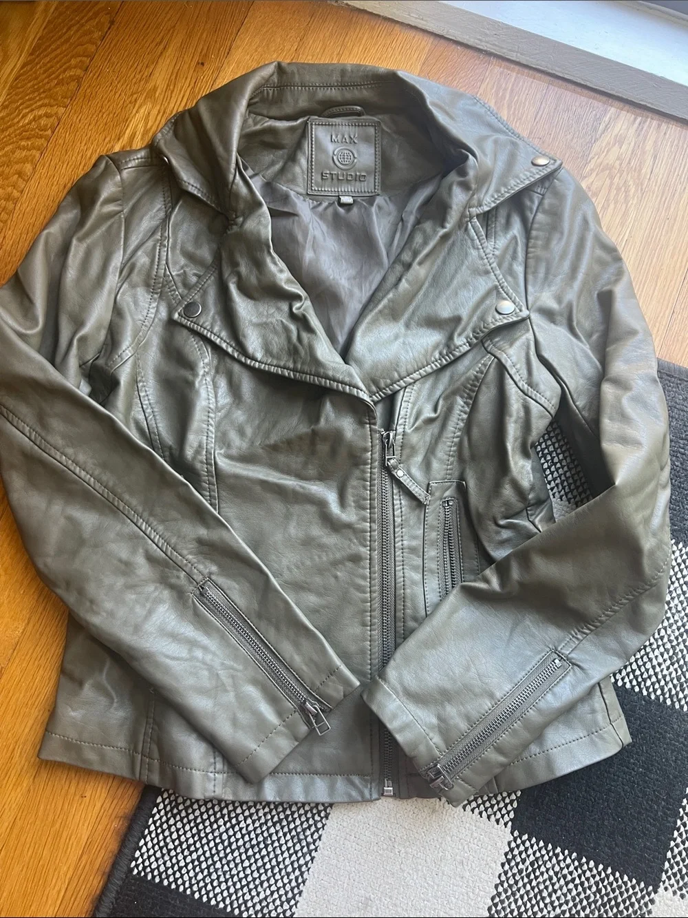 Max Studio Olive Faux Leather Asymmetrical Moto Jacket